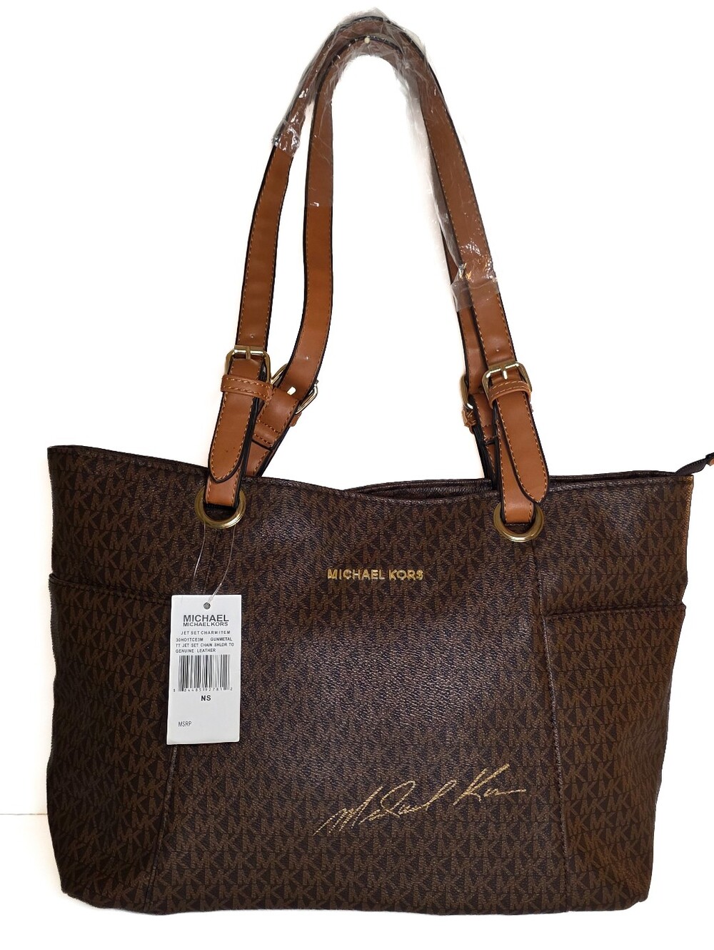 Michael Kors Jet Set Charm Item Tote Bag Signature Brown MK Monogram Handbag